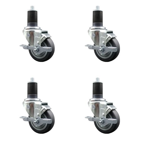 Service Caster 3.5'' SS Thermoplastic Rubber Swivel 1-5/8'' Expanding Stem Caster Set with Brake, 4PK SCC-SSEX20S3514-TPRB-TLB-158-4
